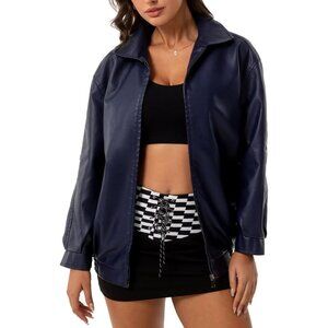 Women's Navy Oversized Faux Leather Fashion Zip Up Motorcycle Loose Fit Jacket